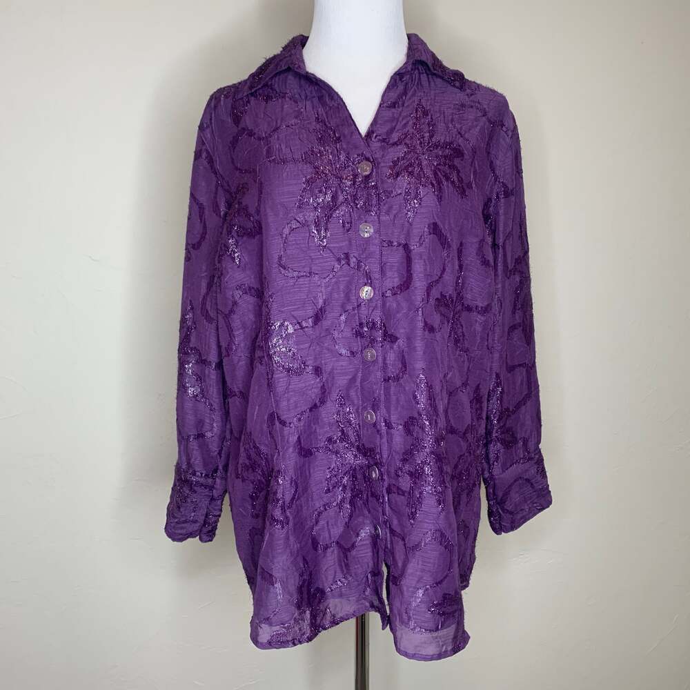 Coldwater Creek Purple Leaf Pattern Textured Chiffon Sz XL Altered